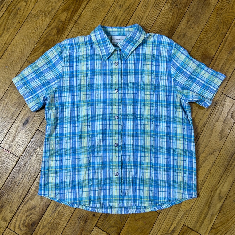 Alfred Dunner Petite Blue Green Plaid Crinkle Short Sleeve Button Down Shirt 12P